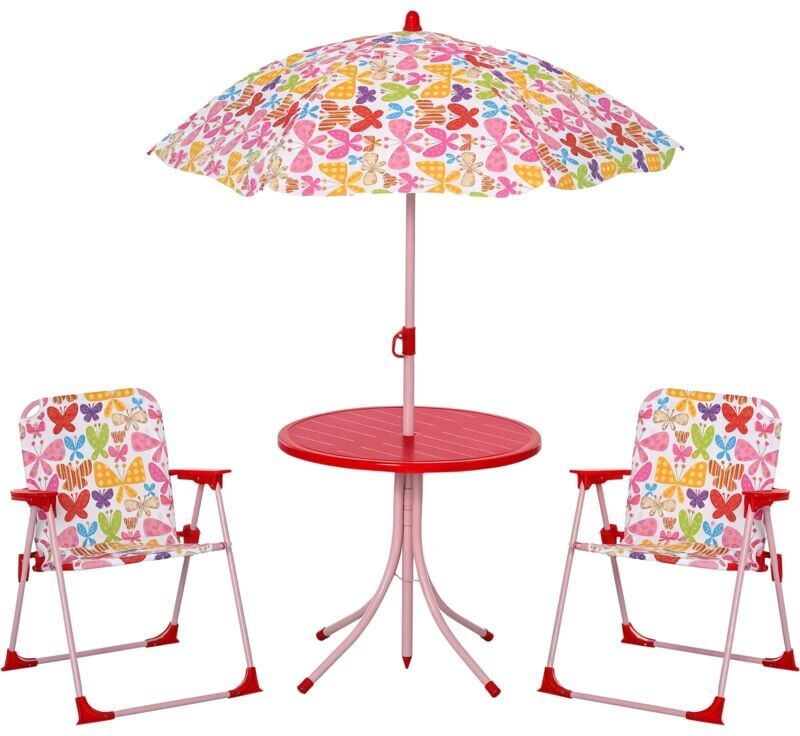 Outsunny - Kids Folding Picnic Table Chair Set Butterfly Pattern Outdoor Parasol