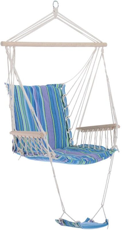 Outdoor Hammock Hanging Rope w/ Footrest Armrest Patio Swing Seat Blue Stripe - Outsunny