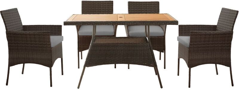 TEAMSON HOME 5 Piece Outdoor Garden Dining Set, Rattan Garden Table & 4 Chairs with Removeable Cushions, Patio Furniture, Wooden Tabletop, Weather-Resistant,