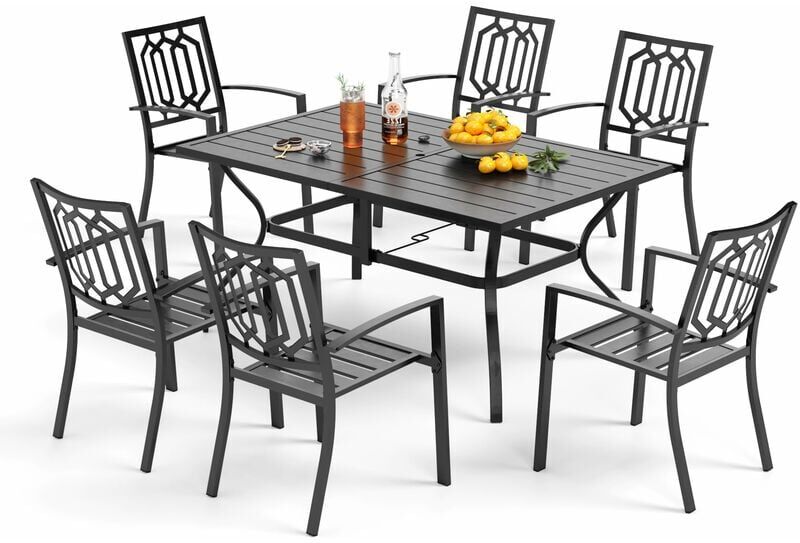 PHIVILLA PHI VILLA Garden Table and Chairs Set, Outdoor Patio Dining Set, Rectangular Metal Table with Umbrella Hole and 6 Stackable Garden Chairs