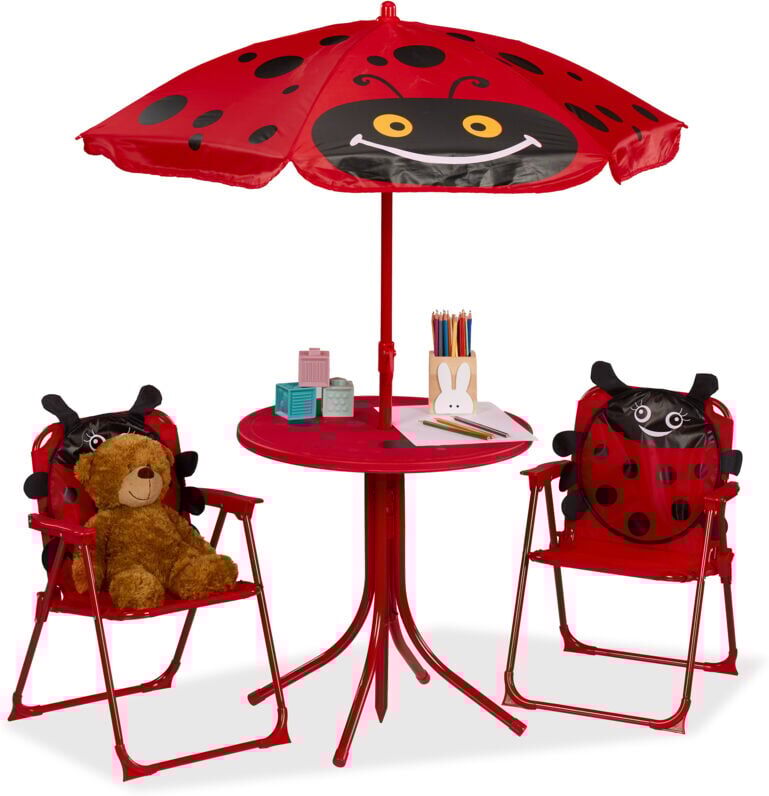 Relaxdays - Children's Camping Furniture Set with Parasol, Folding Chairs & Table, Kids' Garden Ensemble, Ladybird, Red