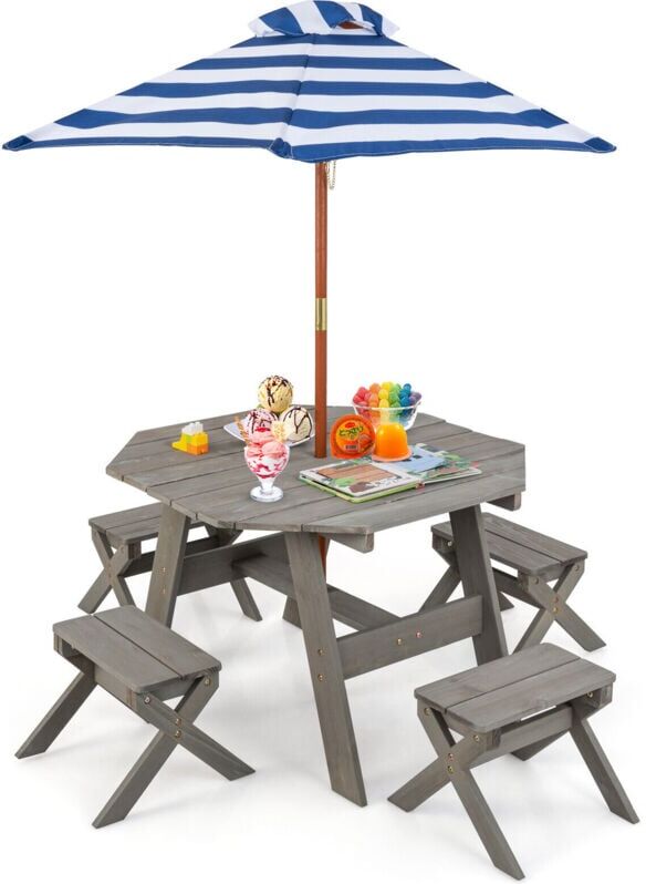 Costway - Wooden Octagon Table Set Kids Outdoor Toddler Wooden Picnic Table w/Umbrella