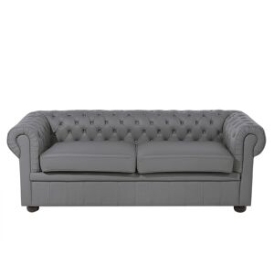 BELIANI Modern Leather Sofa 3 Seater Button Tufted Scroll Arms Grey Chesterfield - Grey