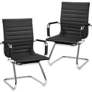 2pcs Office Reception Chair with Sled Metal Base and Covered Armrests, Black - Yaheetech