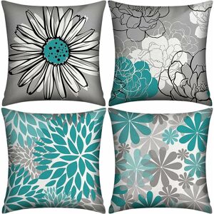 AlwaysHSet of 4 Teal Cushion Covers 18x18 Turquoise and Gray for Couch, Modern Daisy Pillowcase for Living Room, Bed Cushion, Outdoor Decor, Green,