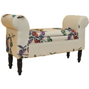 WATSONS BUTTERFLY - Storage Ottoman Chaise Pouffe Stool / Wood Legs - Cream / Multi - Black / Cream / Multi-coloured