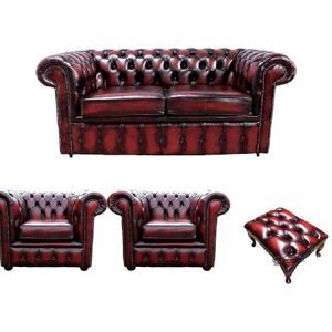 DESIGNER SOFAS 4 U Chesterfield 2 Seater Sofa + 2 x Club Chairs + Footstool Leather Sofa Suite Offer Antique Oxblood