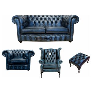 DESIGNER SOFAS 4 U Chesterfield 2 Seater Sofa + Club Chair + Queen Anne Wing Chair + Footstool Leather Sofa Suite Offer Antique blue