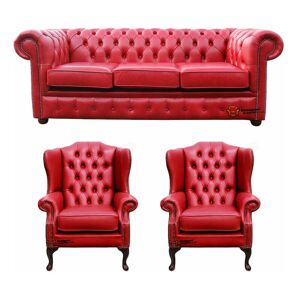DESIGNER SOFAS 4 U Chesterfield 3 Seater Sofa + 2 x Mallory Wing Chairs Old English Gamay Red Leather Sofa Offer