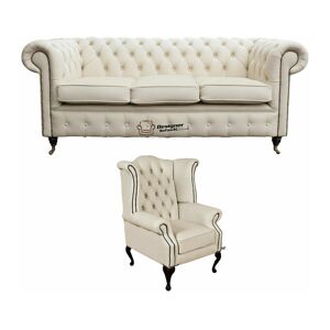 DESIGNER SOFAS 4 U Chesterfield 3 Seater Sofa + Queen Anne Wing Chair Leather Sofa Suite Offer Ivory