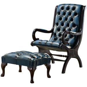 DESIGNER SOFAS 4 U Chesterfield York Slipper Stand Armchair Antique Blue Leather + Footstool