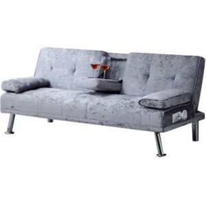 COMFY LIVING Crushed Velvet Sofa Bed with Drink Cup Holder and Bluetooth in Steel