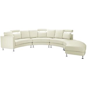 BELIANI Curved Sectional Sofa with Ottoman and Headrests Off-White Leather Rotunde - Beige