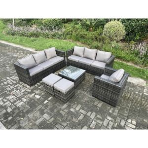 Fimous - Rattan Garden Furniture Sofa Set with Armchair Square Coffee Table 2 Small Footstools Indoor Side Table Outdoor 9 Seater Rattan Set Dark