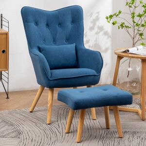 LIVINGANDHOME Frosted Velvet Wingback Lounge Chair with Footstool, Blue