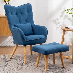LIVINGANDHOME Frosted Velvet Wingback Lounge Chair with Footstool, Blue