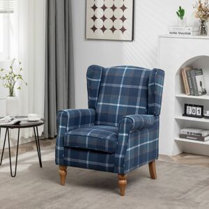 FURNITURE ONE Wingback Chair Fireside High Back Armchair - Blue Check - Blue