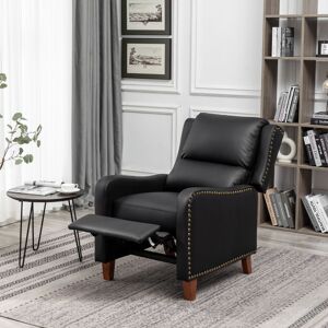 Pushback Recliner Chair Leather Effect Armchair with Rivet Decoration Single Sofa Accent Chair for Living Room - Dark Black - Black - Furniture One