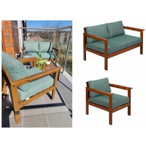 Impact Furniture - Garden Lounge Set 2 Seat Sofa Armchair Chair Wooden Furniture Green Cushion Cozy - Forest Brown Frame/Sage Green