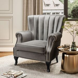 Warmiehomy - Grey Vintage Velvet Wing Back Armchair with Studs