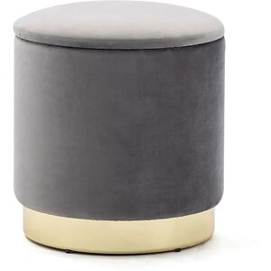 HNN Home 37cm Round Velvet Ottoman Storage Box With Lid, Pouffe Seat Chair, Living Room Footstool, Bedroom Dresing Stool With Gold Plating Base (Grey)