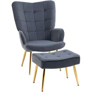 Button Tufted Armchair with Footstool and Gold Tone Steel Legs Dark Grey - Dark Grey - Homcom