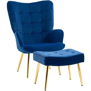 Homcom - Button Tufted Armchair with Footstool and Gold Tone Steel Legs Blue - Blue