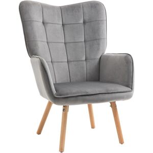 HOMCOM Modern Accent Chair Velvet-Touch Tufted Wingback Armchair Wood Legs Grey - Grey