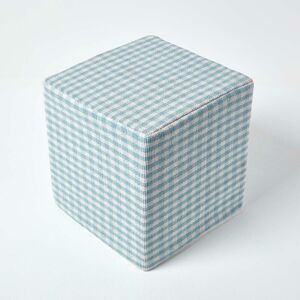 Blue Gingham Check Cotton Cube Pouffe 36 x 36 x 38 cm - Blue - Homescapes