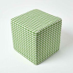 Green Gingham Check Cotton Cube Pouffe 36 x 36 x 38 cm - Green - Homescapes