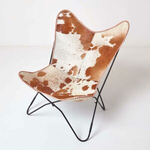 HOMESCAPES Brown and Cream Leather Cowhide Butterfly Chair - Brown