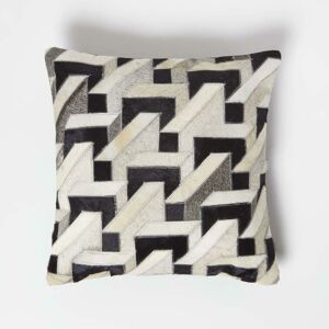 Homescapes - Geometric Block Brown & Cream Leather Cushion 45 x 45 cm - Cream & Brown