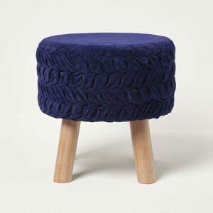 Homescapes - Lyla Blue Pleated Velvet Footstool, 40 cm Tall - Blue