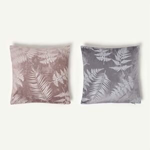Set of 2 Pink and Grey Velvet Tropical Leaf Square Cushion, 45 x 45cm - Pink, Grey - Homescapes