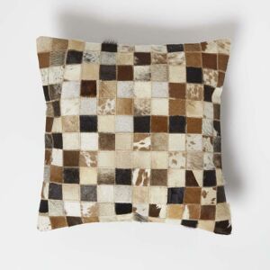 Homescapes - Small Block Check Brown & Cream Leather Cushion 45 x 45 cm - Cream & Brown