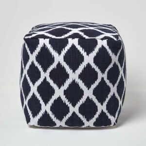 Homescapes - Small Ikat Design Blue and Natural Colour Square Bean Filled Pouffe - Navy Blue & Natural