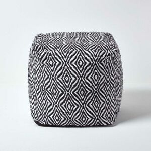 HOMESCAPES Trance Black and White Diamond Pattern Recycled Fibre Square Bean Filled Pouffe, 40 cm - Black & White