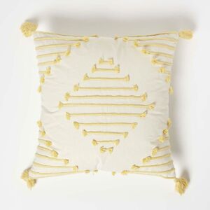 Yellow Geometric Tassel Cotton Cushion 45 x 45 cm - White, Yellow - Homescapes