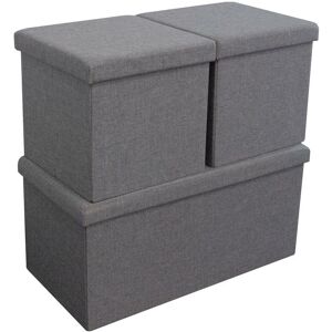 FWSTYLE Laura 3x Collapsible Linen Ottoman Storage Box Seats - Grey - Grey