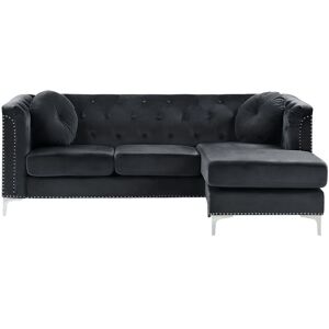 BELIANI Left Hand Velvet Corner Sofa Black Additional Pillows Tufted Nailhead Trims Flen - Black