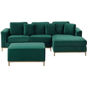 BELIANI Modern Emerald Green Velvet Sectional Sofa with Ottoman Gold Legs Left Hand Oslo - Green