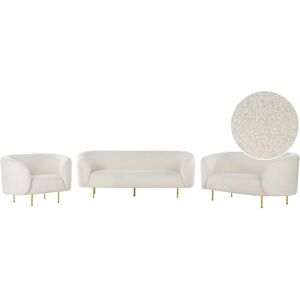 BELIANI Living Room Set 3 Seater Sofa Loveseat Armchair Boucle Gold Legs White Loen - White