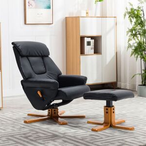 LIVINGANDHOME Black Faux Leather Lounge Recliner Armchair with Ottoman