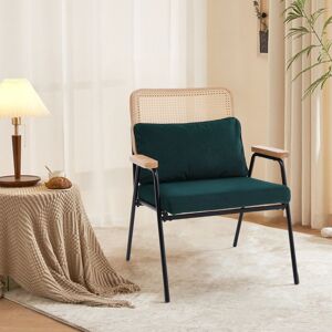 LIVINGANDHOME Green Upholstered Rattan Back Armchair with Metal Legs