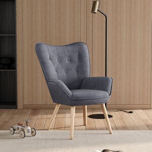 Livingandhome - Grey Linen Buttoned Armchair with Wood Legs