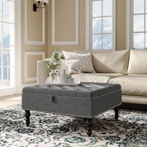 LIVINGANDHOME 85x85CM Square Tufted Linen Storage Ottoman,Grey