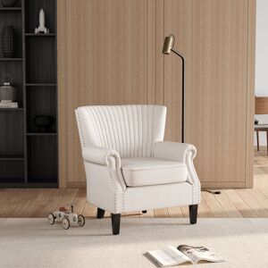 Livingandhome - White Deep Upholstered Armchair with Wooden Legs