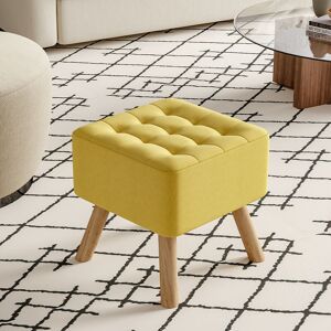 Livingandhome - Yellow Square Linen Upholstered Footstool with Wooden Legs