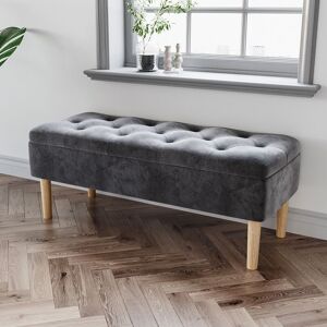 LIVINGANDHOME 100CM Velvet Storage Ottoman Footstool Rubber Wooden Leg, Grey