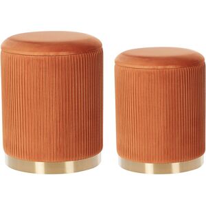 Beliani - Modern Glamorous Set of 2 Storage Pouffes Velvet Upholstery Orange Miramar - Orange